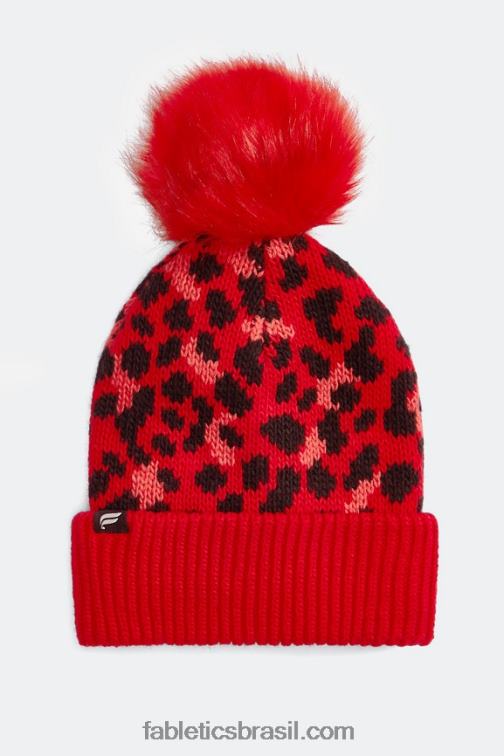 Fabletics leopardo cereja elétrico/cereja elétrica 420HR3021 gorro de pompom de malha de cabo mulheres