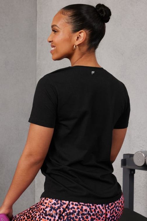 Fabletics preto 420HR1948 top de manga curta tecnologia de penas mulheres