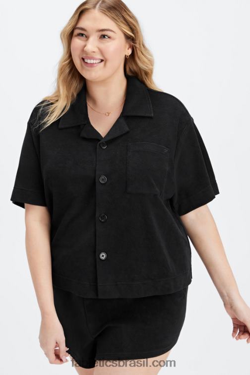 Fabletics preto 420HR2041 ilha terry botão quadrado para cima mulheres