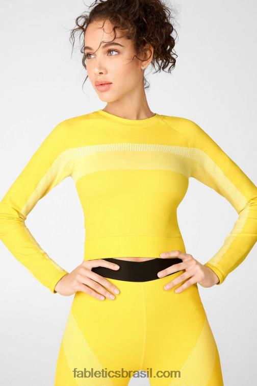 Fabletics amarelo/branco vibrante 420HR2730 tory top cropped manga longa sem costura mulheres