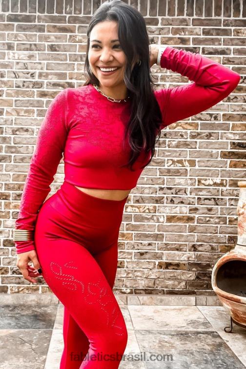 Fabletics vermelho escuro 420HR2622 blusa manga longa sem costura flora mulheres