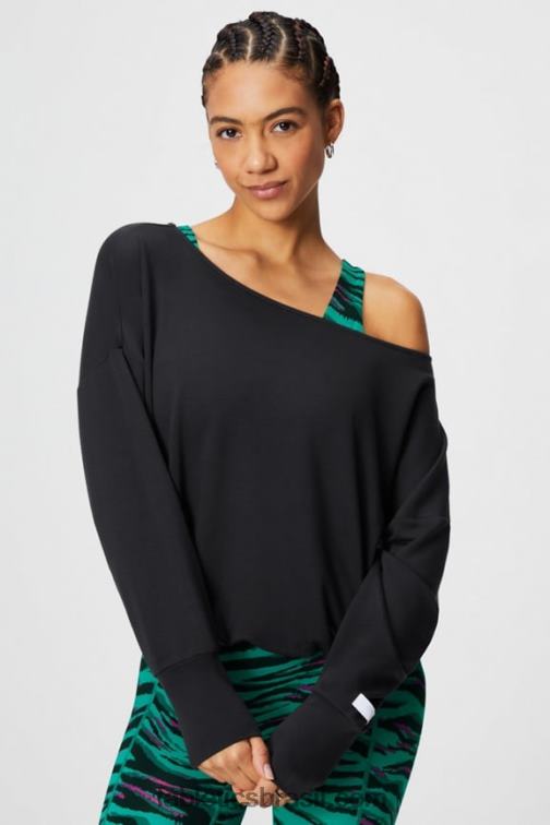 Fabletics preto 420HR2423 pulôver felpudo de luxo ombro a ombro mulheres