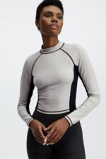 Fabletics cinza/preto 420HR2679 Giana Blusa manga longa com decote falso mulheres