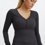 Fabletics estanho 420HR2649 manga longa waffle henley mulheres