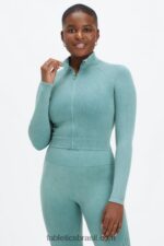 Fabletics onda ártica lavada 420HR2769 canelado sem costura cropped com zíper completo mulheres