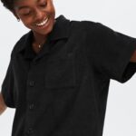 Fabletics preto 420HR2040 ilha terry botão quadrado para cima mulheres