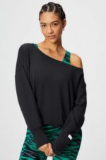 Fabletics preto 420HR2423 pulôver felpudo de luxo ombro a ombro mulheres