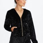 Fabletics preto 420HR2484 moletom com zíper de veludo amassado mulheres