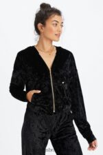 Fabletics preto 420HR2484 moletom com zíper de veludo amassado mulheres