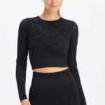 Fabletics preto 420HR2621 blusa manga longa sem costura flora mulheres