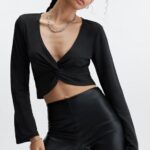 Fabletics preto 420HR2666 top frontal em malha elegante mulheres