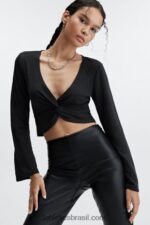 Fabletics preto 420HR2666 top frontal em malha elegante mulheres