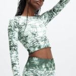 Fabletics tintura de gravata de tigre 420HR2688 mari blusa manga longa sem costura mulheres