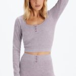 Fabletics urze de ameixa desbotada 420HR2609 top de manga longa em tricot mulheres
