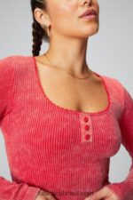 Fabletics vermelho morango lavado 420HR2608 top de manga longa em tricot mulheres - Image 3